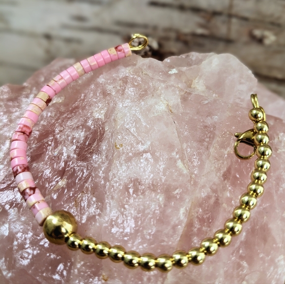 Natural Pink Sea Sediment Imperial Jasper In Assymetrical Bracelet - Picture 3 of 5